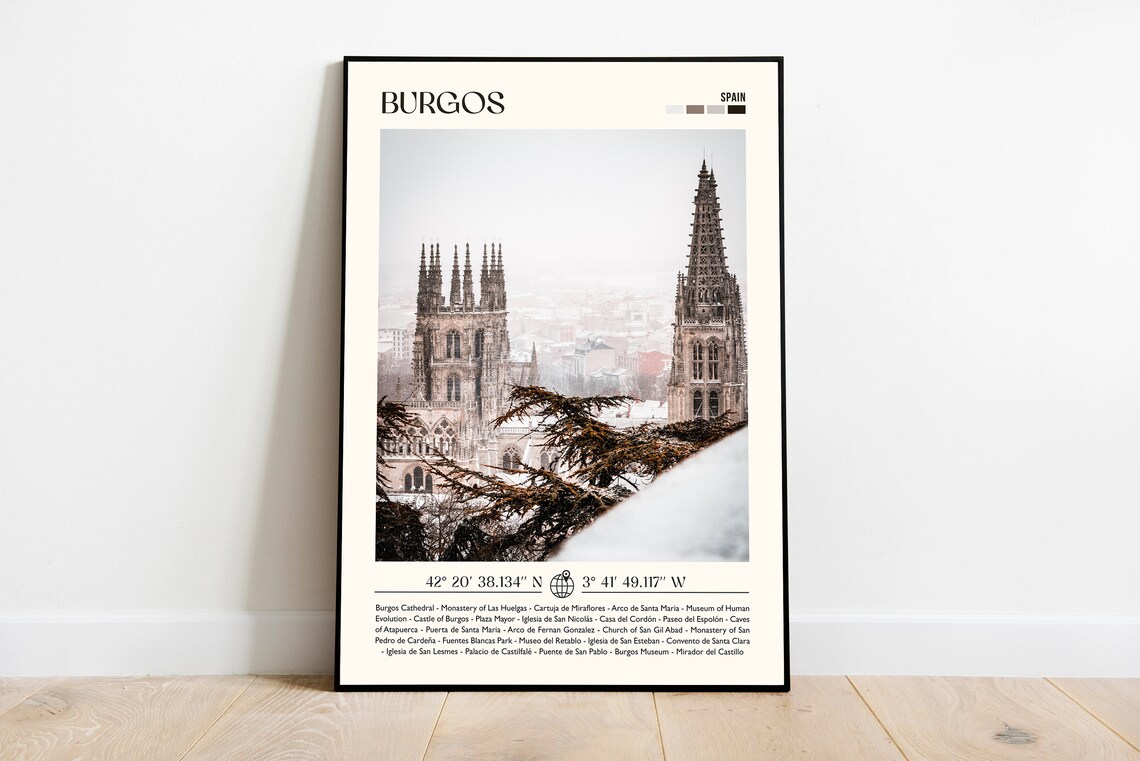 Burgos Spain Cathedral Twin Spires Snow Minimalist Travel Poster