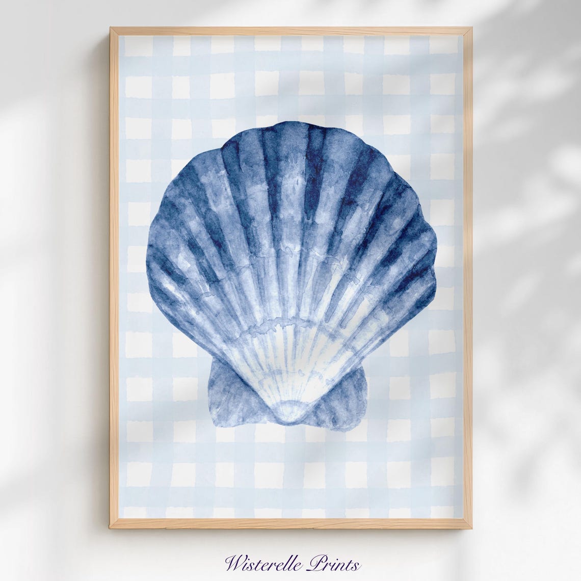Blue Watercolor Scallop Shell On Gingham Coastal Beach Art Poster