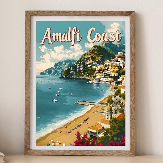 Amalfi Coast Italy Cliffside Town Boats Retro Vintage Travel Poster