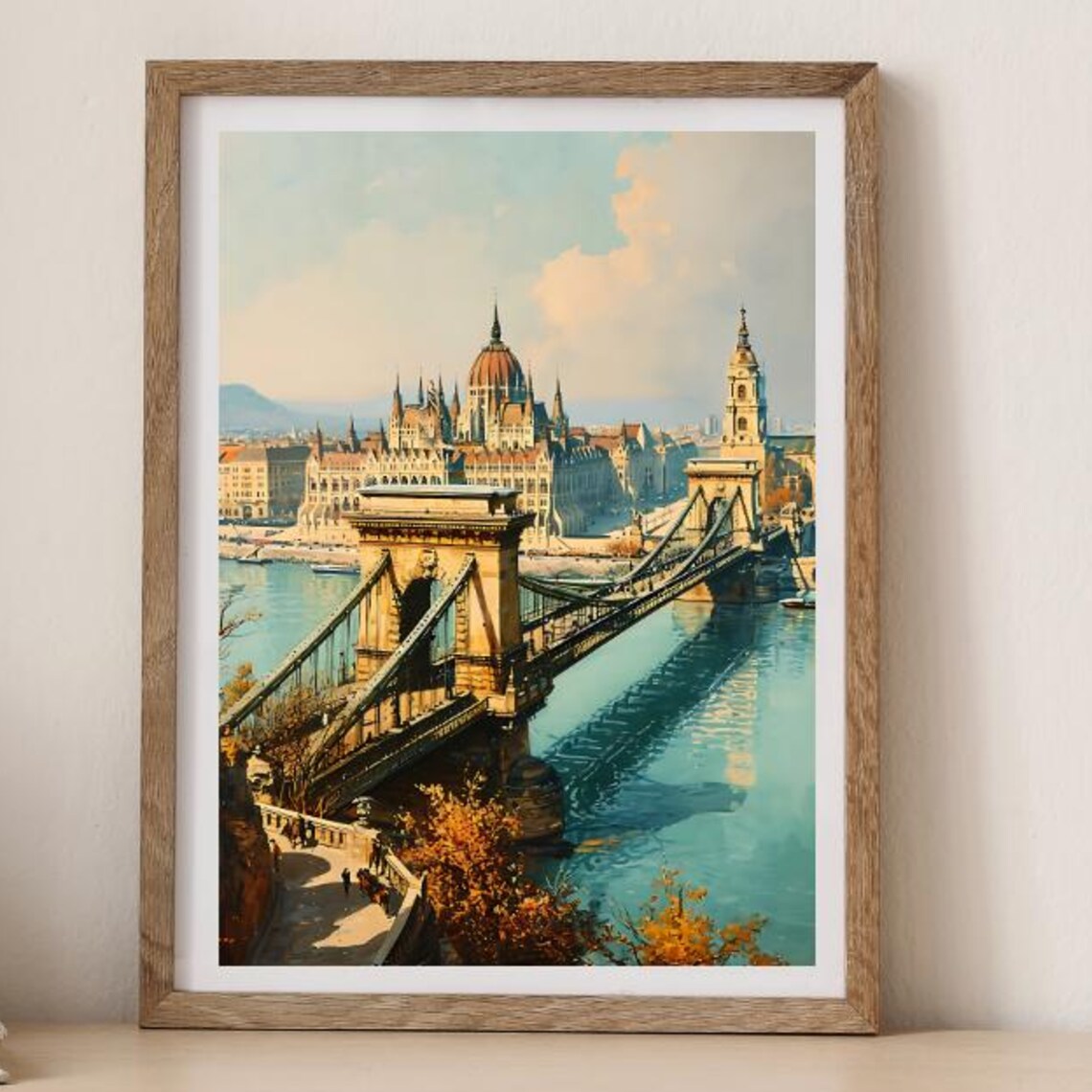 Budapest Hungary Chain Bridge Parliament Retro Travel Poster