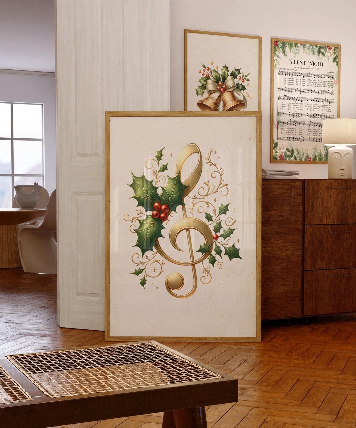 Golden Treble Clef With Holly Christmas Music Room Art Poster - Image 4