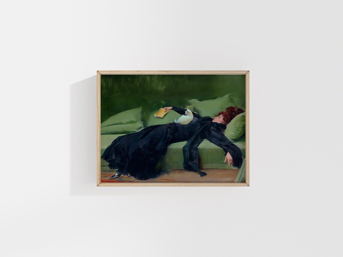 Afternoon Cat Nap Vintage Painting Altered Art Woman With Cat Art Print - Image 2