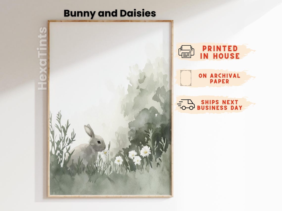 Bunny And Daisies Watercolor Cute Spring Nursery Animal Wall Art Print - Image 4