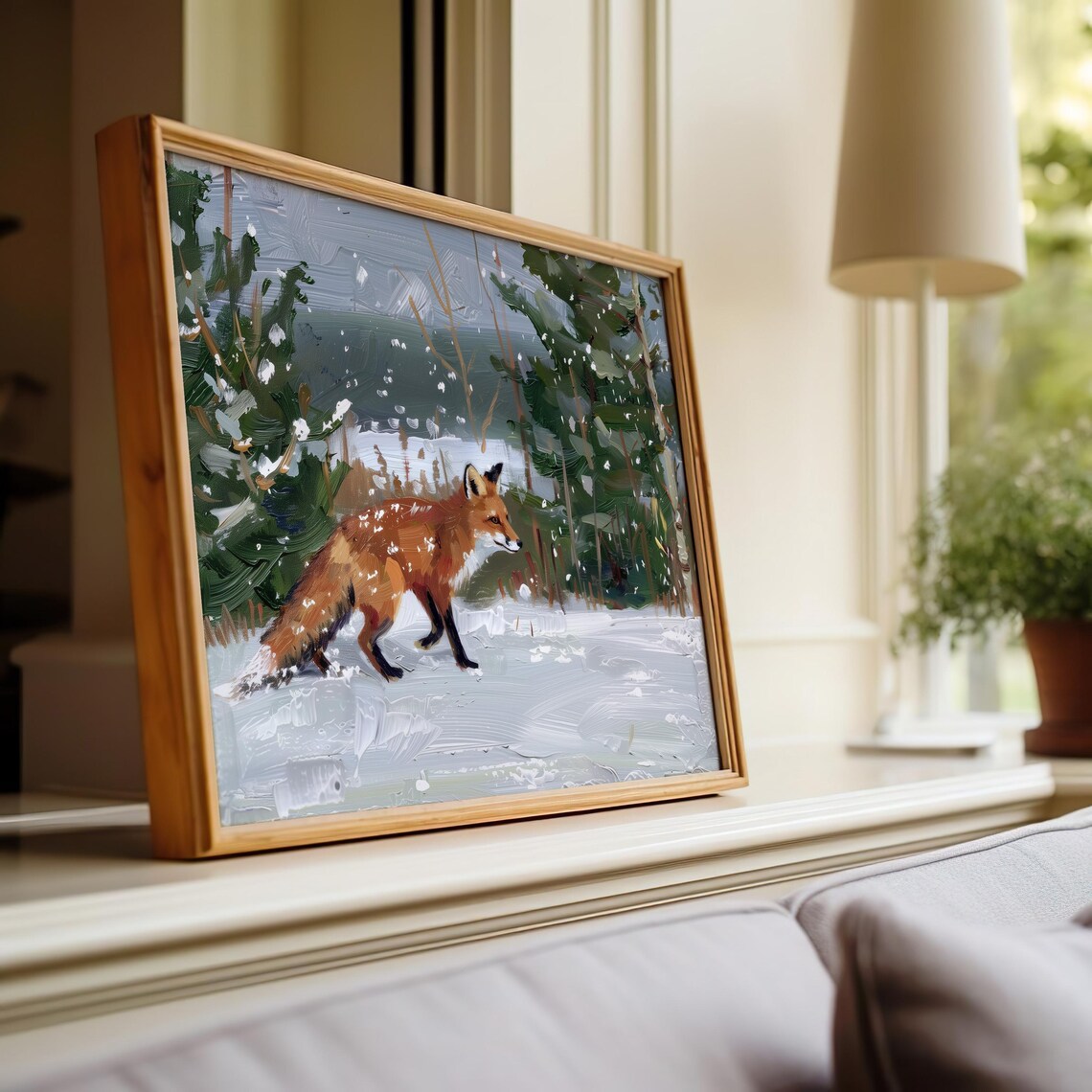 Red Fox In Snow Winter Woodland Landscape Painting Wall Art Print - Image 2