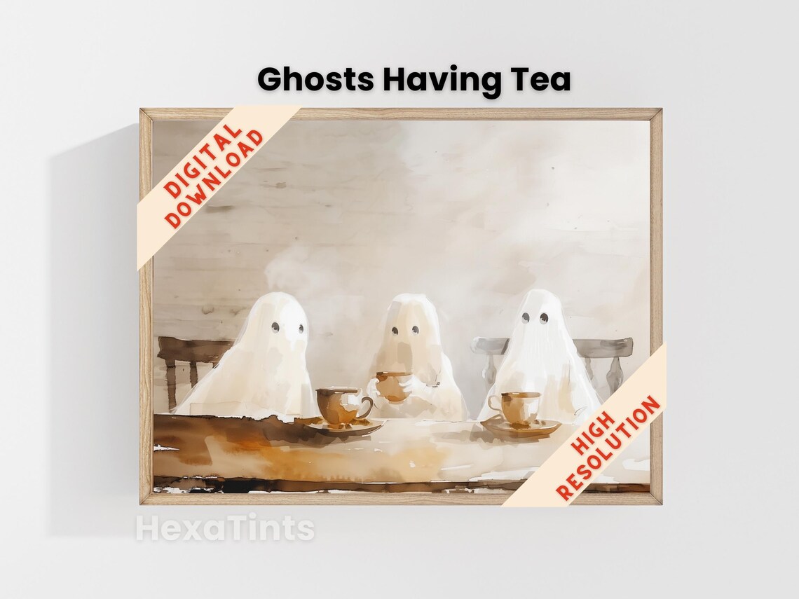 Ghost Tea Party Three Ghosts Drinking Tea Whimsical Halloween Art Print Cozy - Image 4