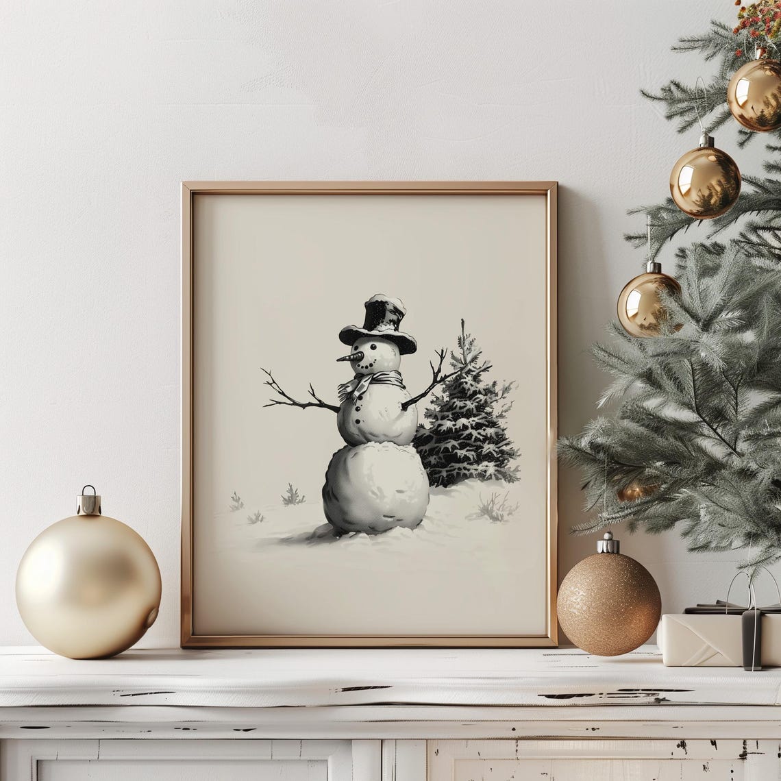 Vintage Snowman Black And White Winter Drawing Christmas Art Print - Image 4