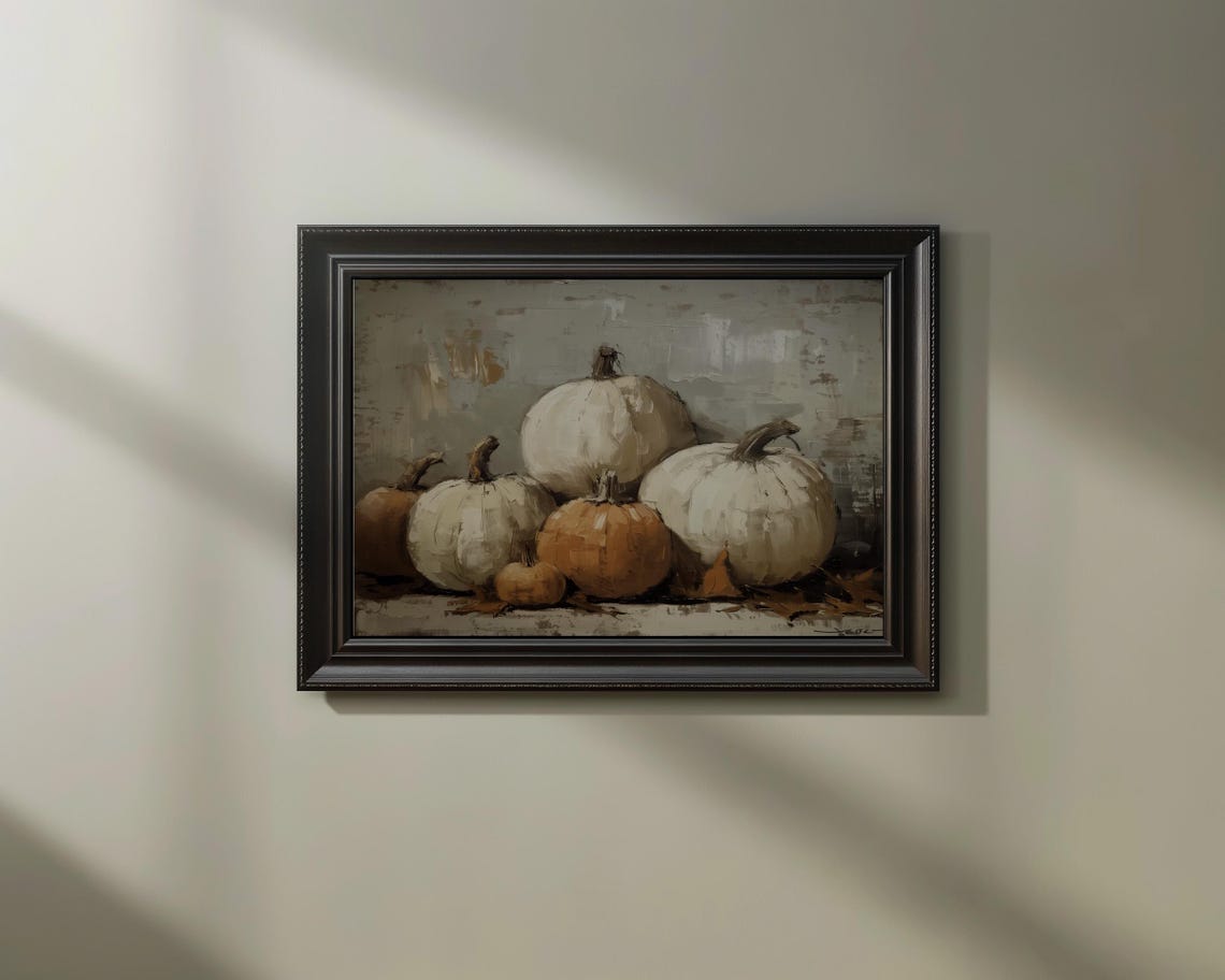 White Pumpkins Still Life Rustic Fall Oil Painting Vintage Art Print - Image 3