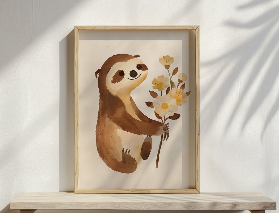 Cute Sloth Holding Flowers Watercolor Whimsical Nursery Wall Art Print