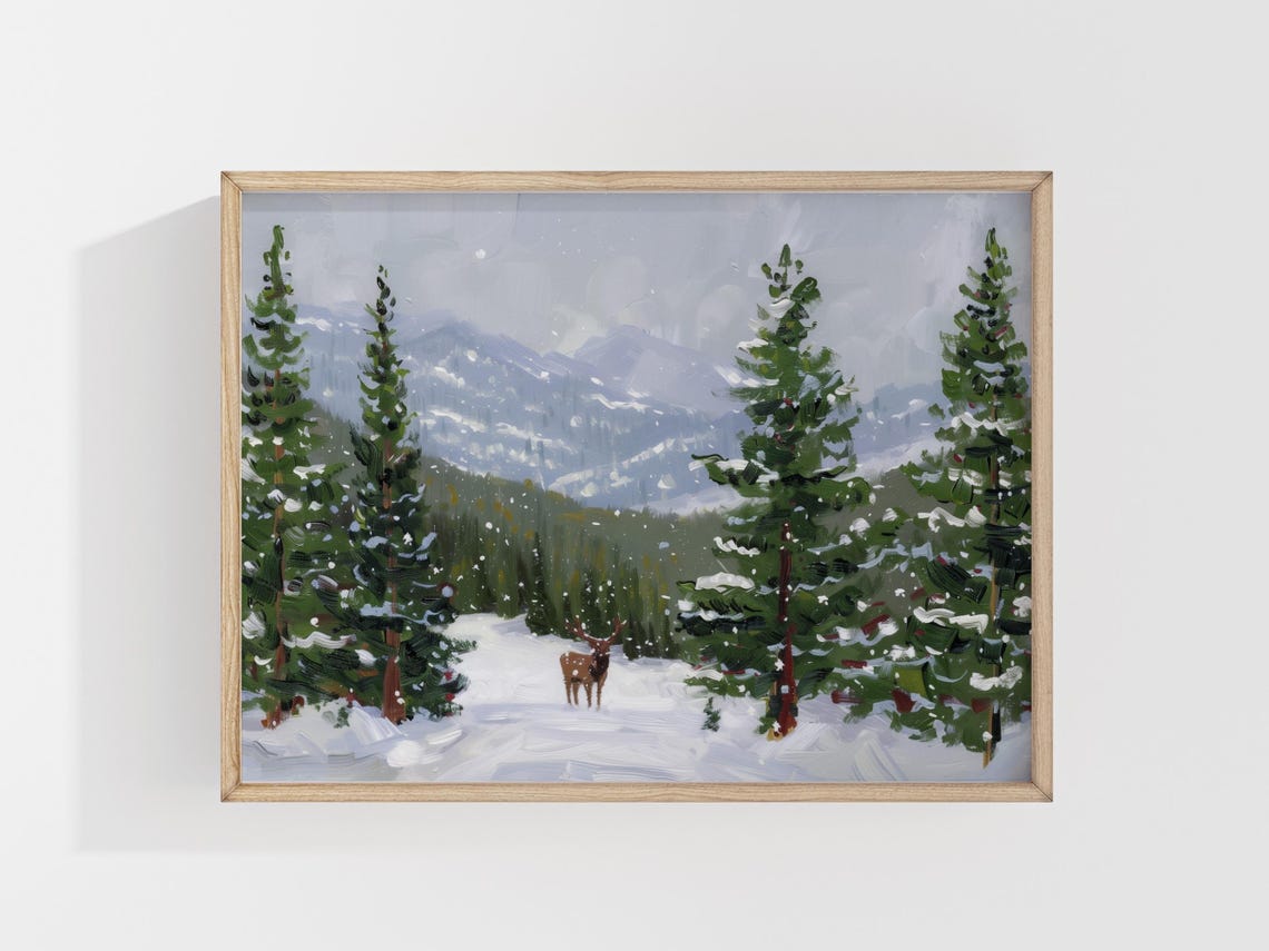 Elk In Snowy Pine Forest Mountain Winter Landscape Painting Art Print