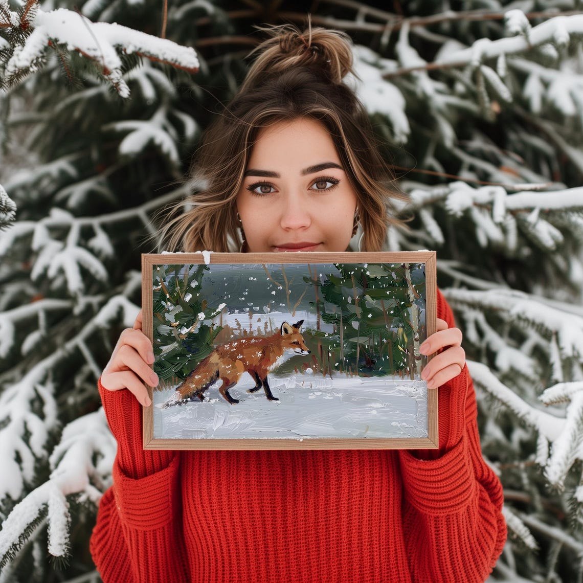 Red Fox In Snow Winter Woodland Landscape Painting Wall Art Print - Image 4