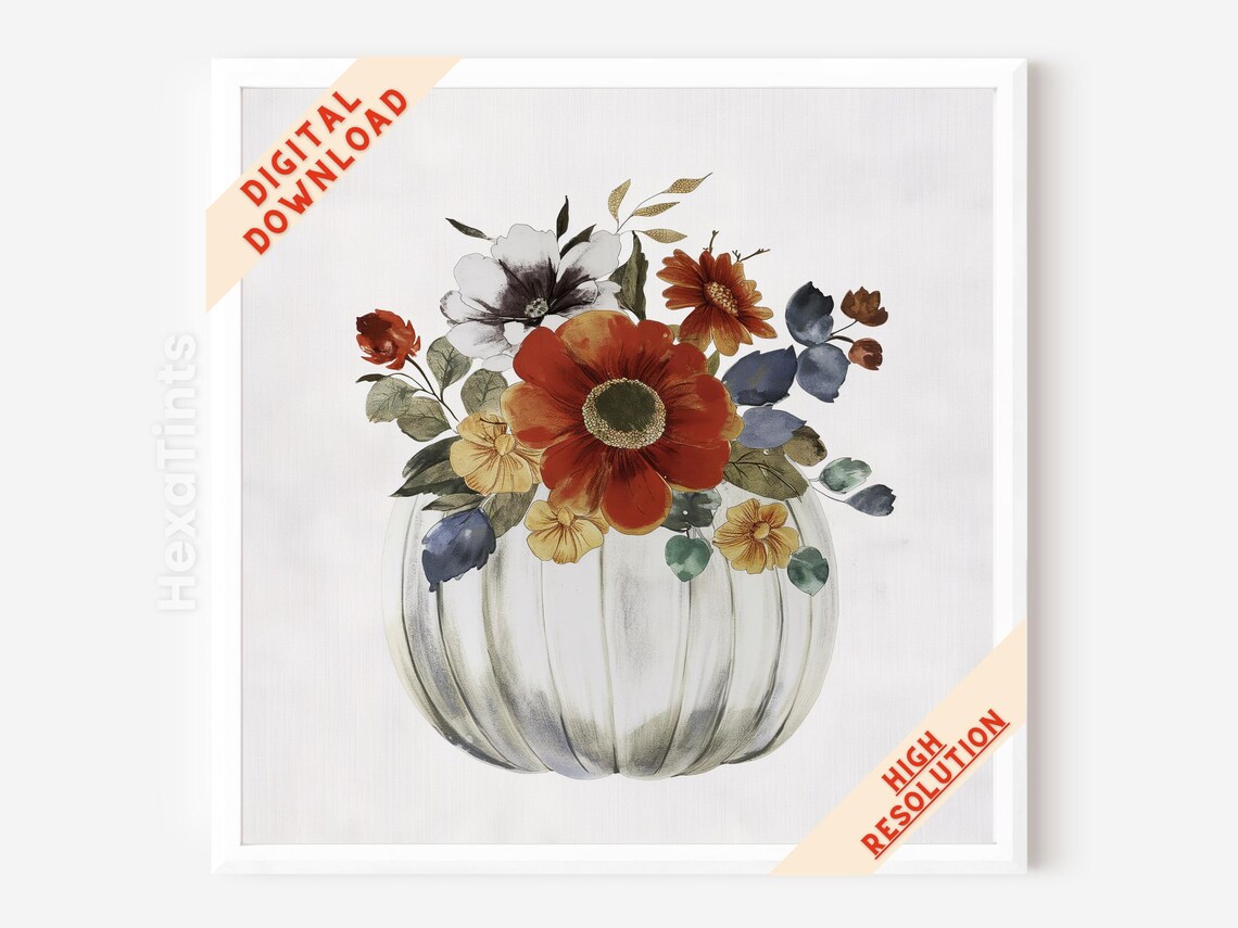White Pumpkin Autumn Flower Bouquet Watercolor Fall Floral Wall Art Print - Image 4