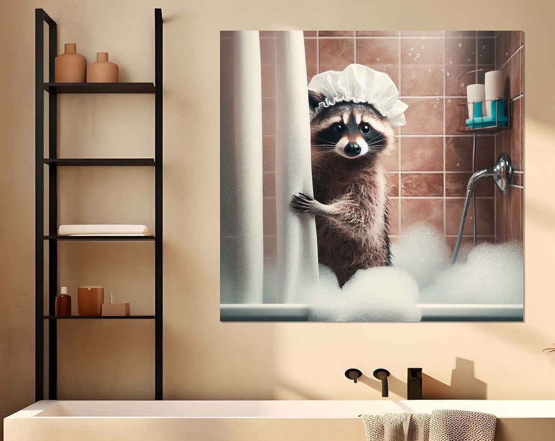 Cute Raccoon With White Shower Cap Peeking From Shower Curtain Poster