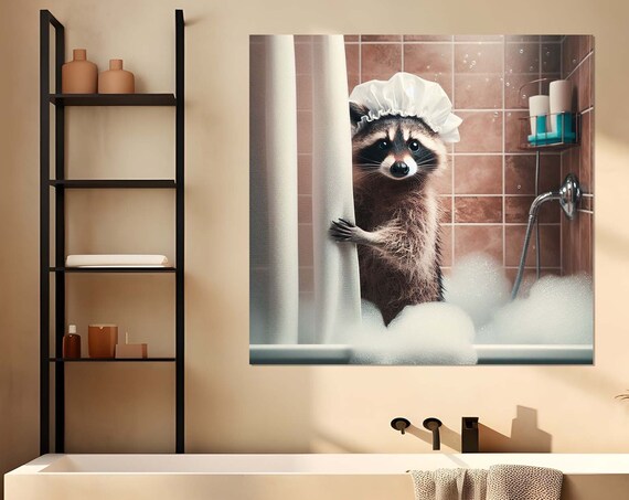 Cute Raccoon With White Shower Cap Peeking From Shower Curtain Poster