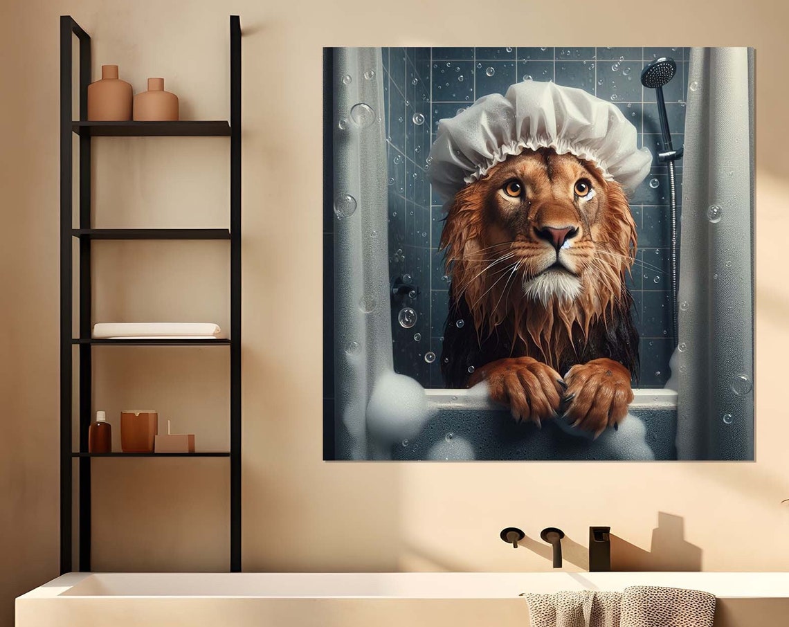 Majestic Lion With White Shower Cap in Bubble Bath Animal Poster