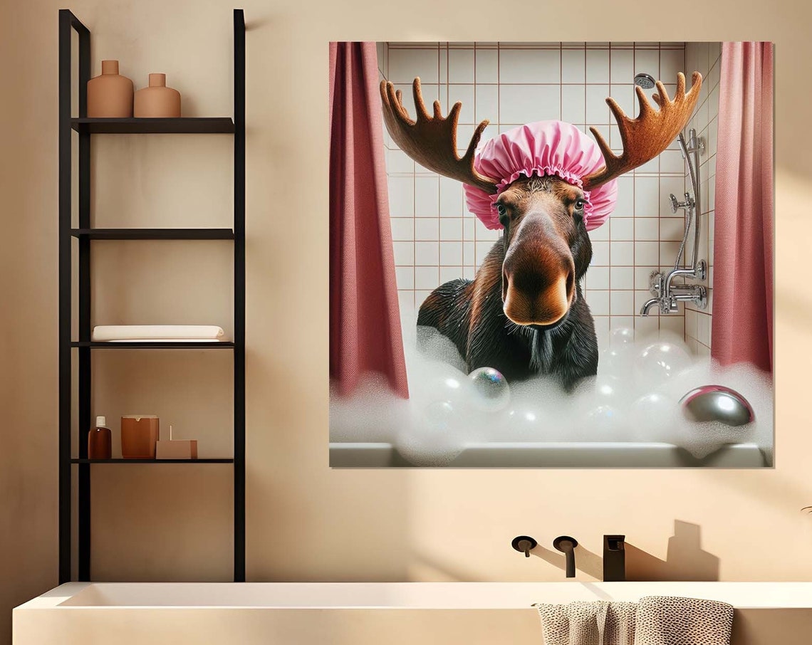 Funny Moose in Pink Shower Cap Bubble Bath Antlers Bathroom Poster