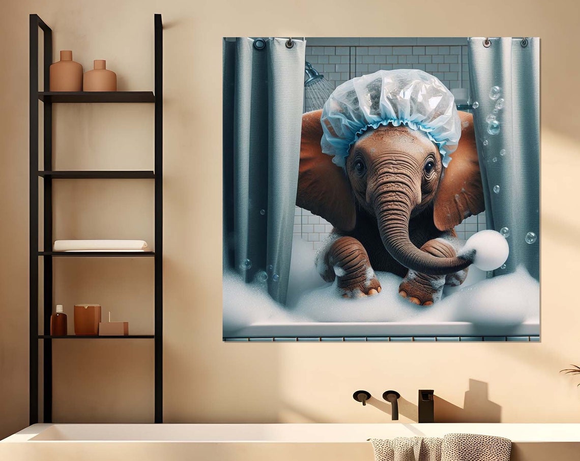 Baby Elephant With Blue Shower Cap Bubble Bath Playful Animal Poster