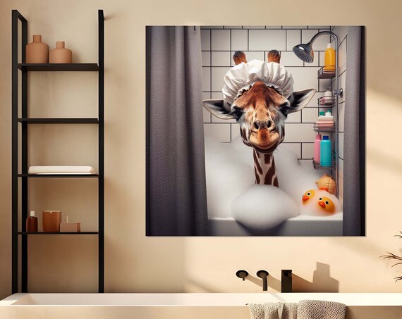 Cute Giraffe With Shower Cap Bubble Bath Rubber Ducks Animal Poster