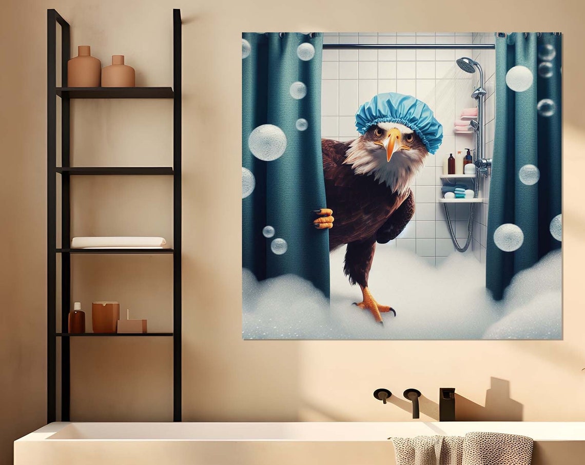 Majestic Bald Eagle in Blue Shower Cap Bubble Bath Animal Poster