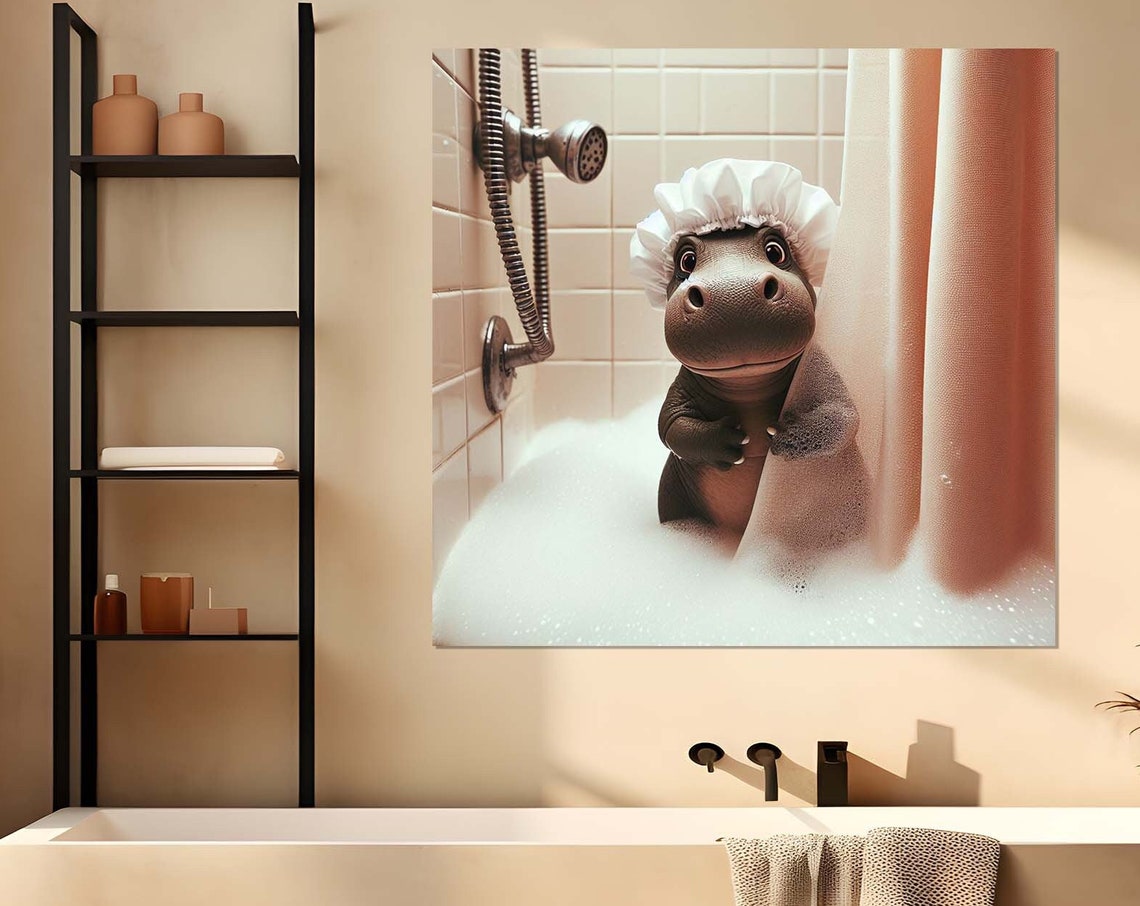 Cute Baby Hippo Bubble Bath Shower Cap Funny Bathroom Animal Poster