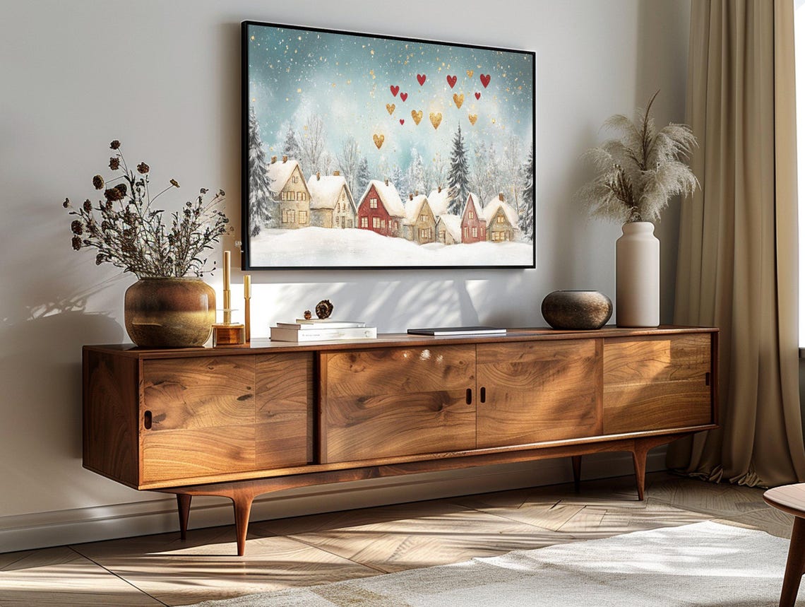 Snowy Village Red Gold Hearts Sky Romantic Valentine's Day Art Poster - Image 3