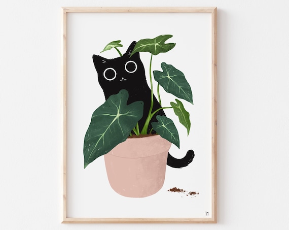 Black Cat Plant Art Print, Funny Cat Lover Decor