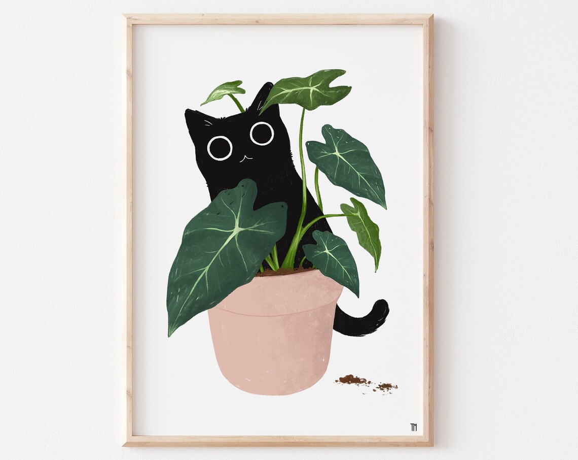 Black Cat Plant Art Print, Funny Cat Lover Decor