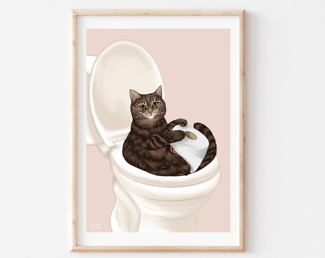Cat On Toilet Print, Funny Bathroom Cat Art