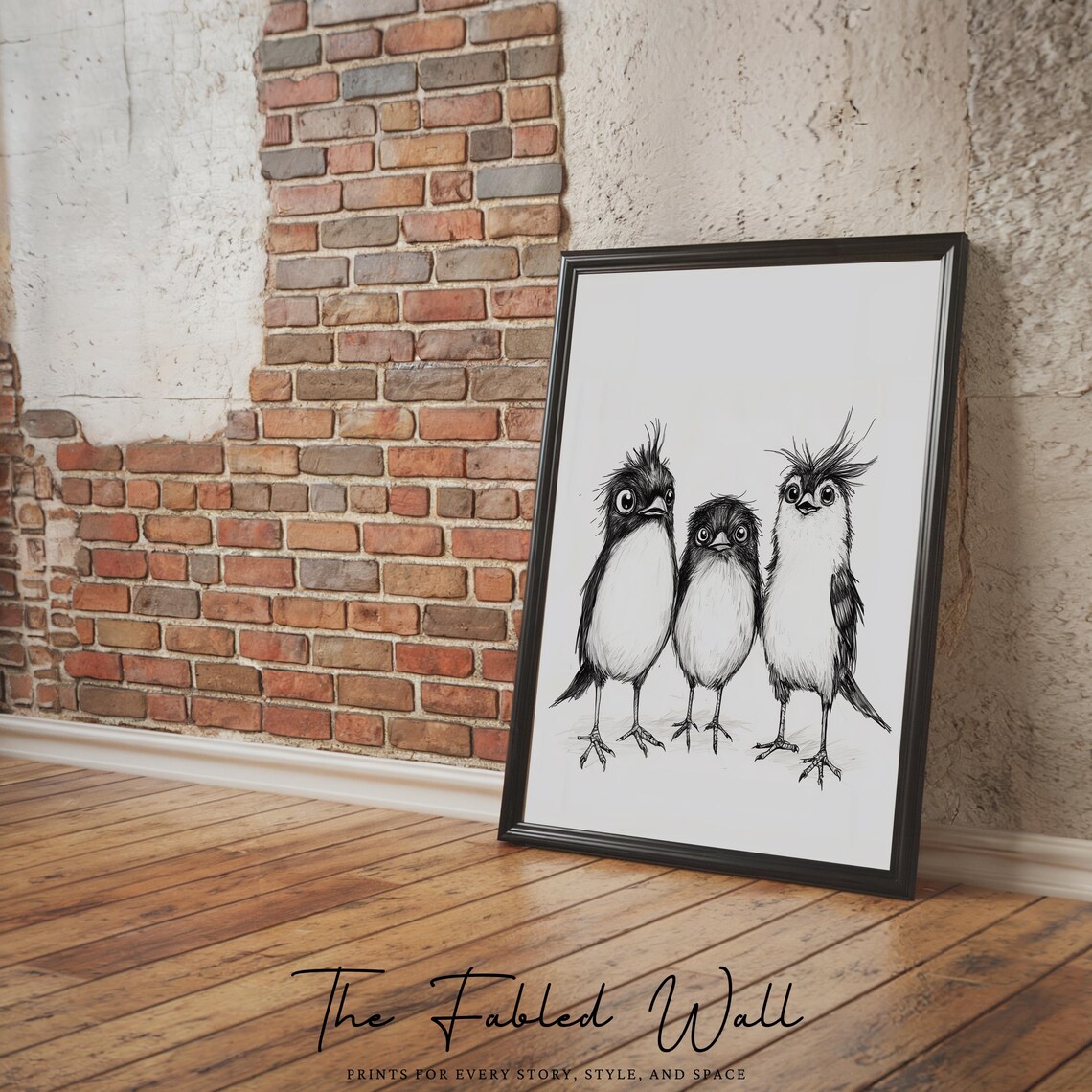 The Quirky Trio, Whimsical Black White Birds Art Print - Image 4