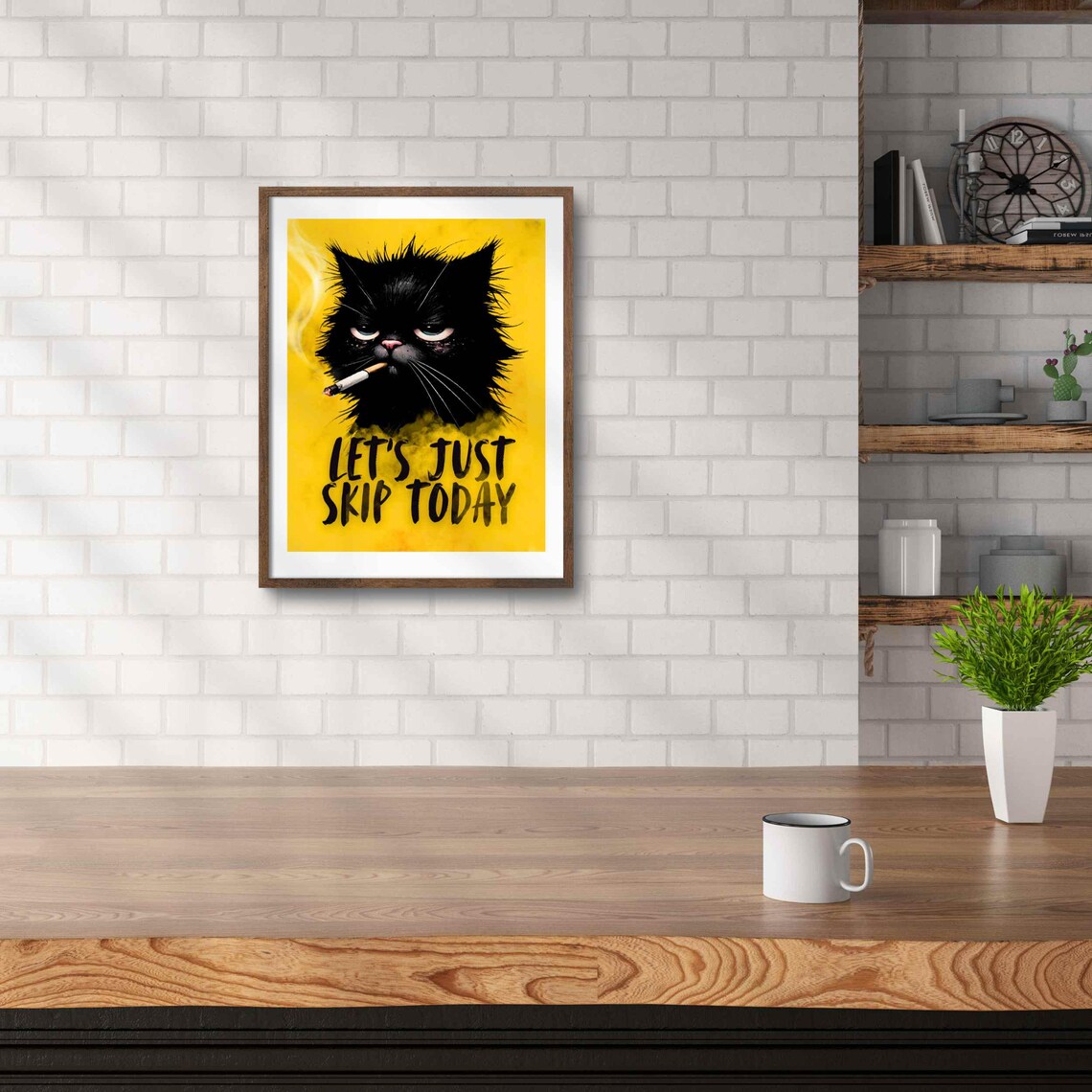 Grumpy Black Cat Smoking A Cigarette LET'S JUST SKIP TODAY Funny Poster - Image 3