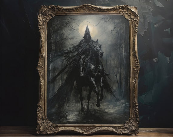 Dark Rider Wall Art Instant Mythical Folk Art Print Dark Aesthetic Horror Fantasy Wall Decor Moody Gothic Painting