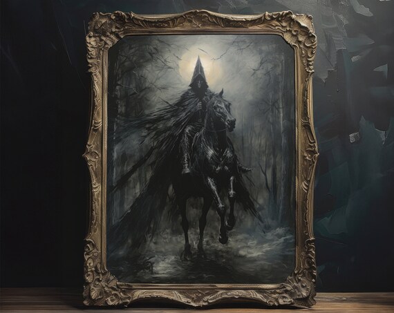 Hooded Rider on Black Horse Moonlit Forest Dark Fantasy Wall Art