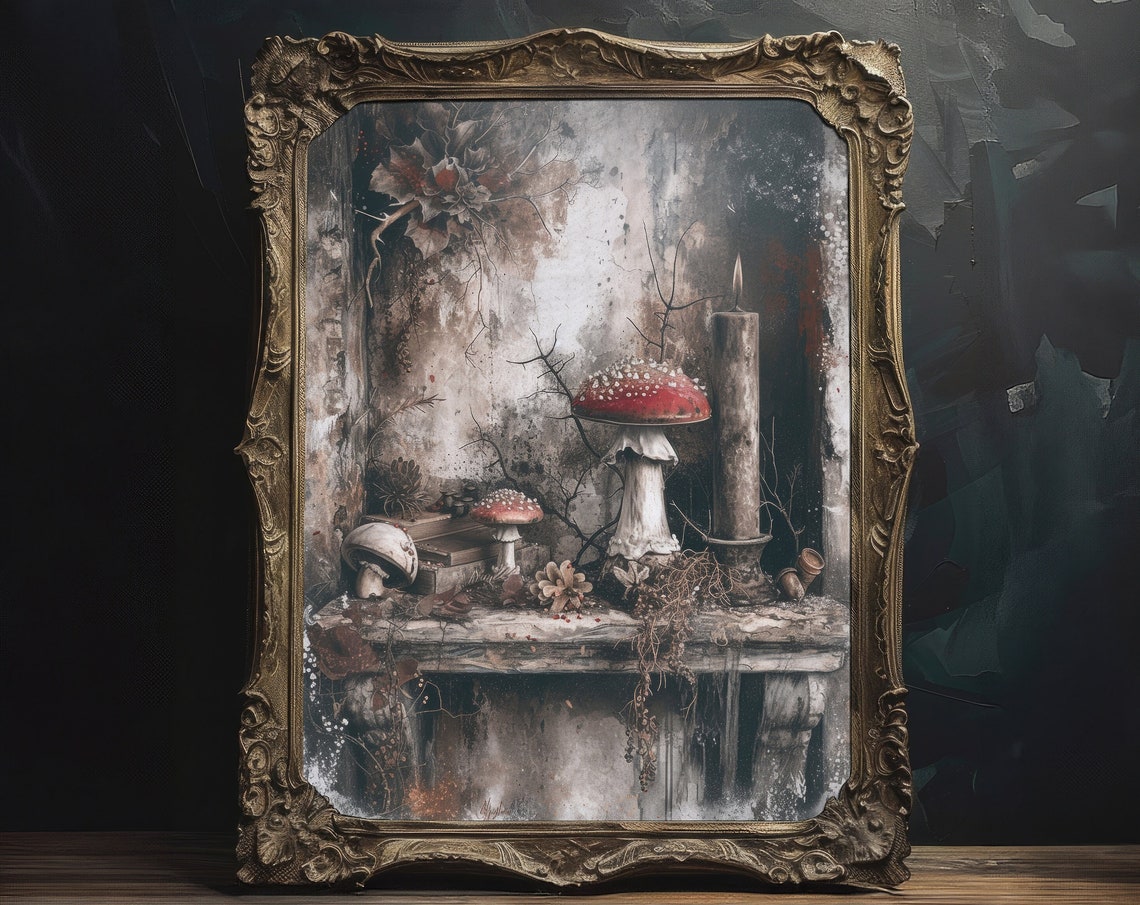 Dark Cottagecore Mushroom Still Life Print Candle Moody Wall Decor