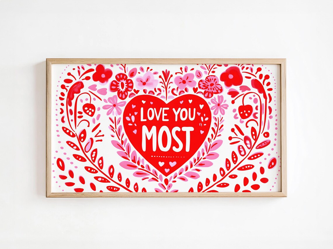 Love You Most Red Heart Folk Floral Valentine Decor Romantic Wall Art