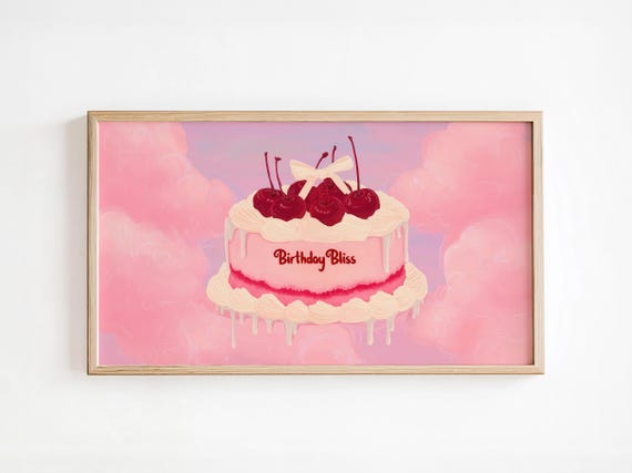 Frame Tv Art Vintage Birthday Party Cake Cute Pink Red Cherry Cake Illustration Whimsical Romantic Birthday Bliss
