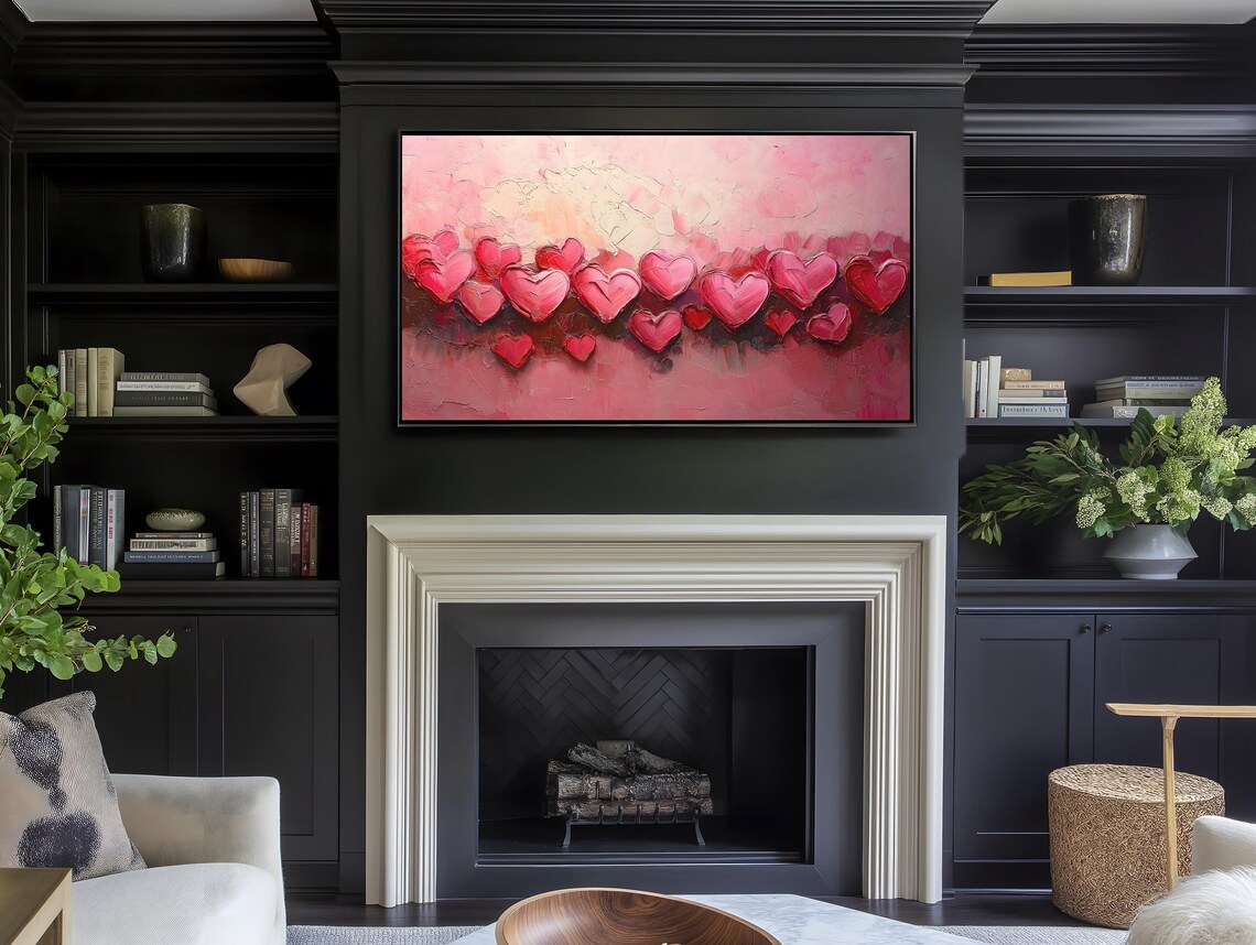 Romantic Pink Impasto Hearts Oil Painting Textured Love Wall Art Decor - Image 4