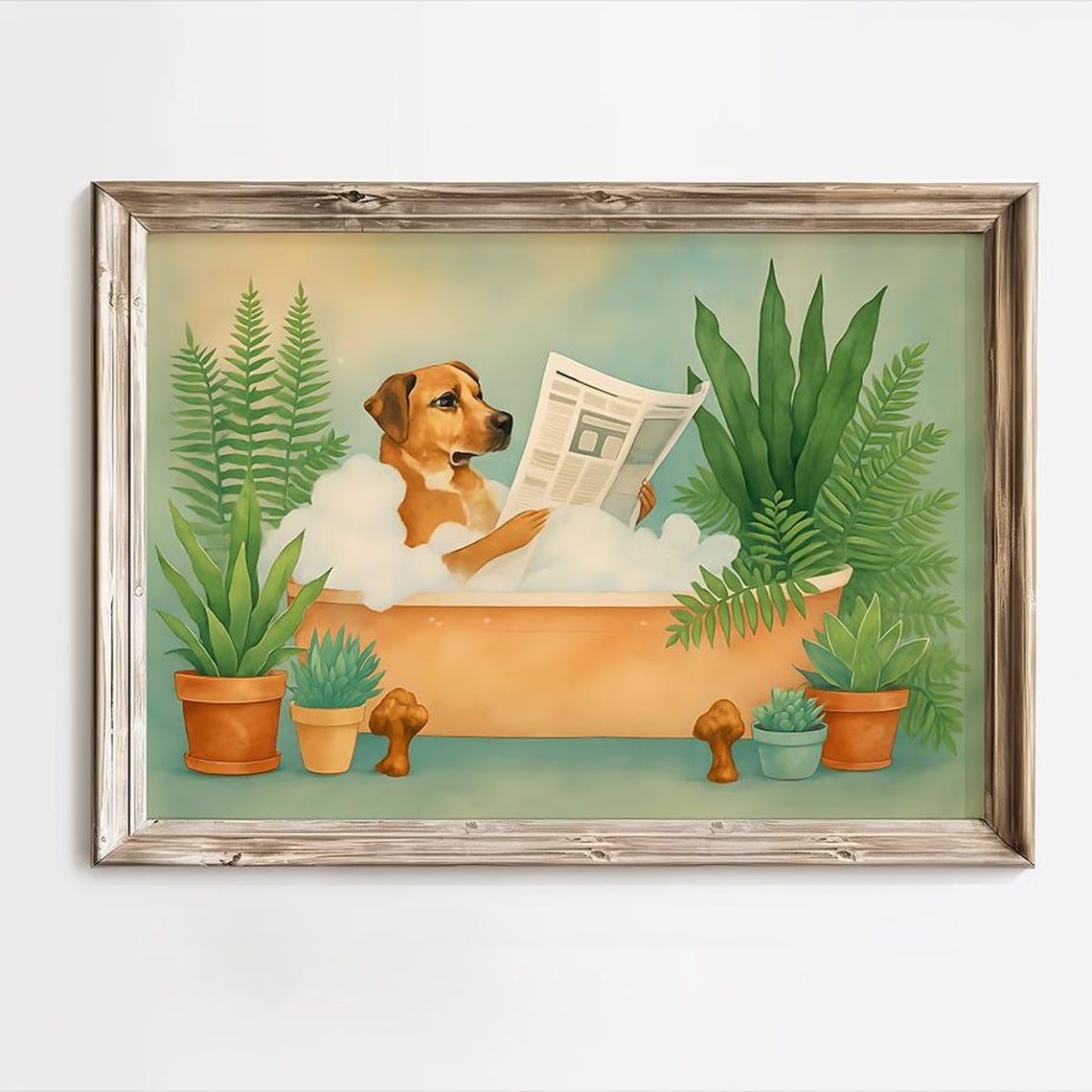 Funny Dog Reading Newspaper in Bubble Bath Whimsical Art Print