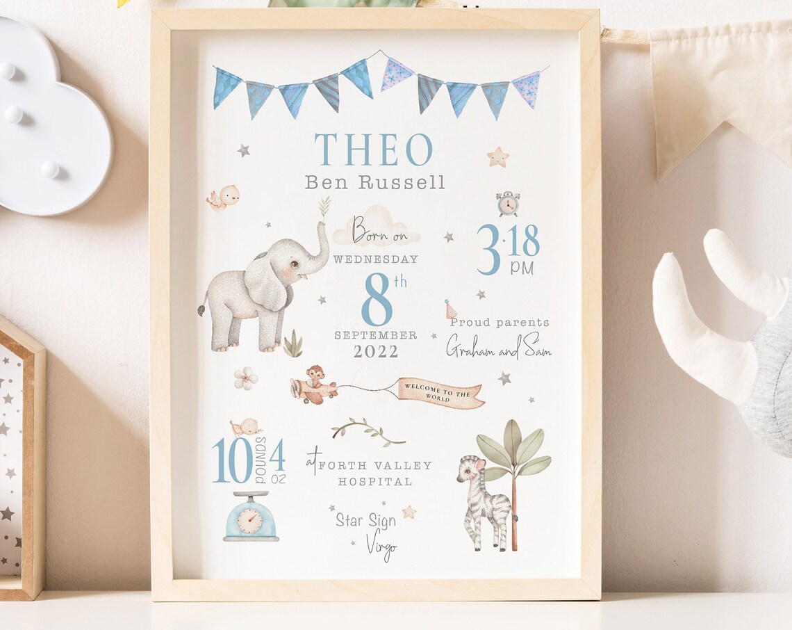 Louise Millie Russell Personalised Birth Details Safari Nursery Print - Image 2