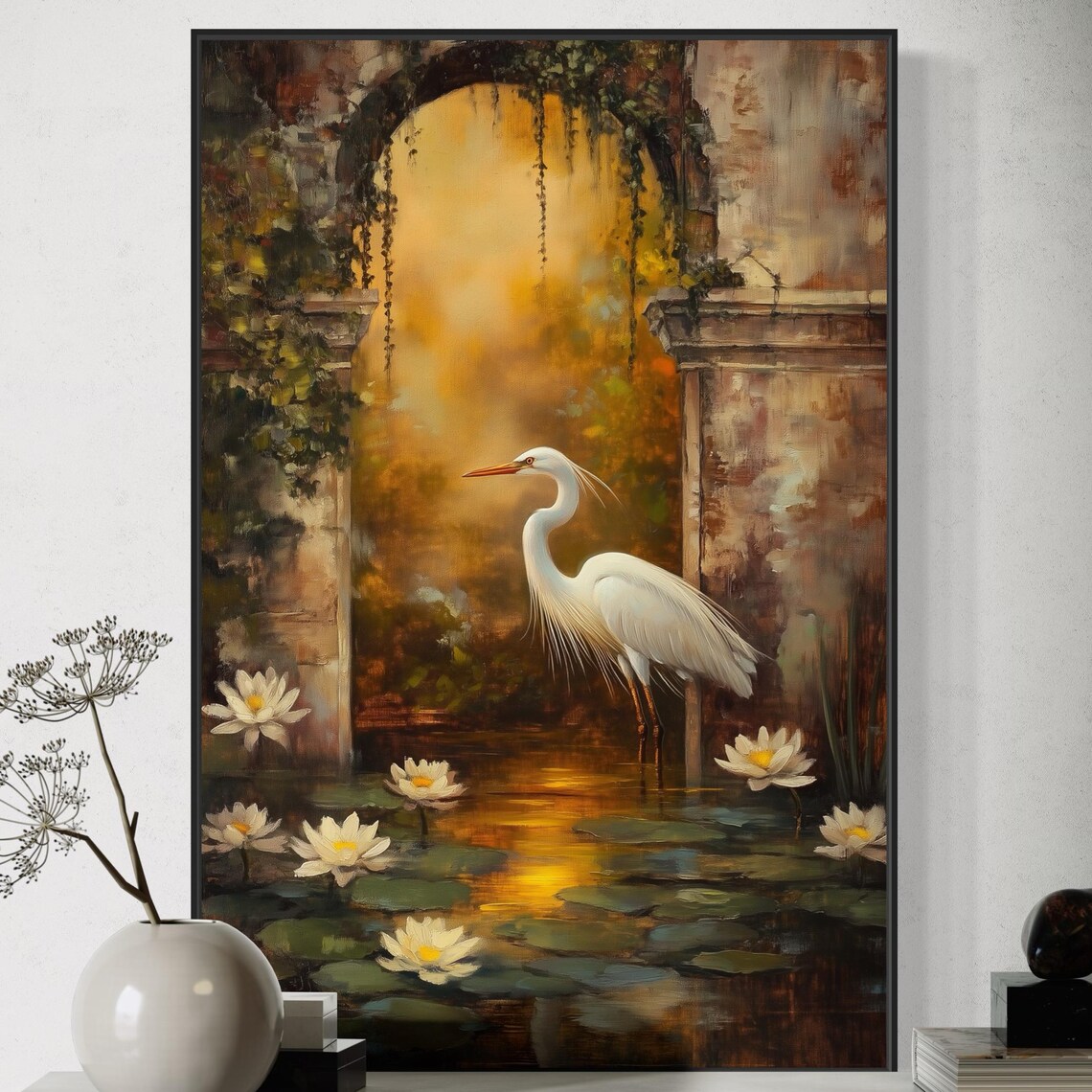 White Heron Lily Pond, Tranquil Nature Poster