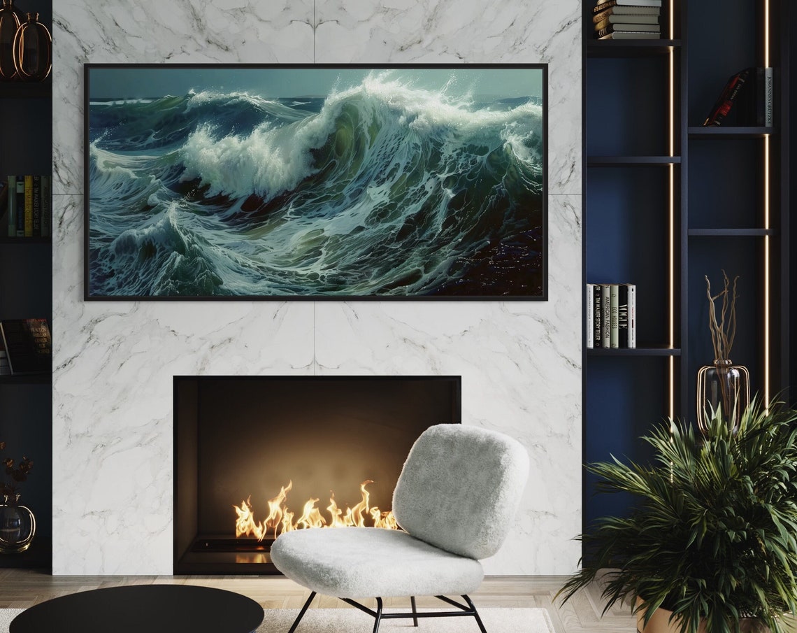 Dramatic Ocean Wave Curl Dark Teal Stormy Sea Realistic Wall Art