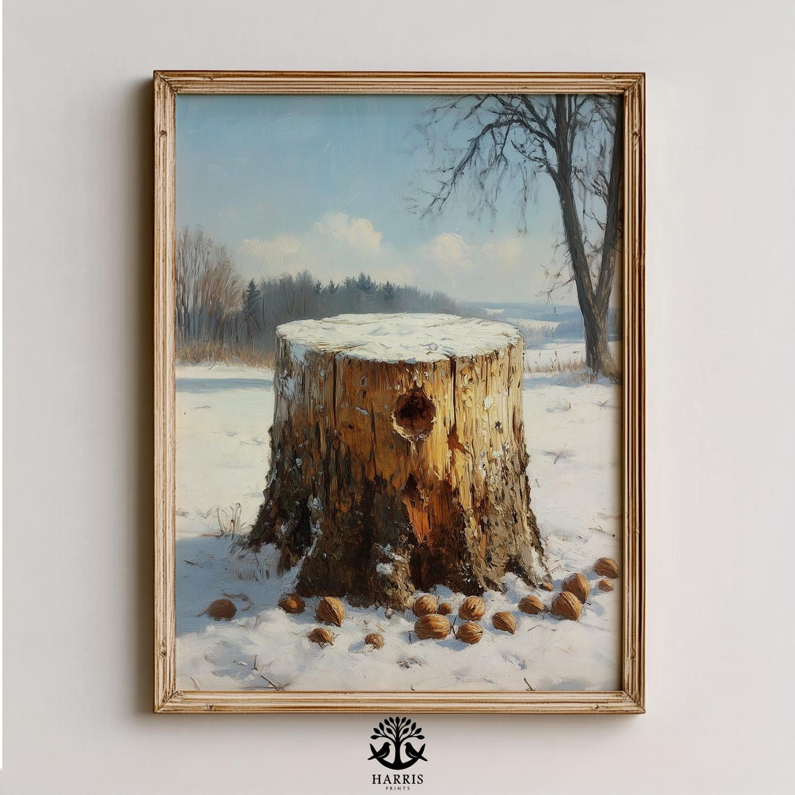 Tree Stump in Snow With Scattered Nuts Rustic Winter Still Life Poster