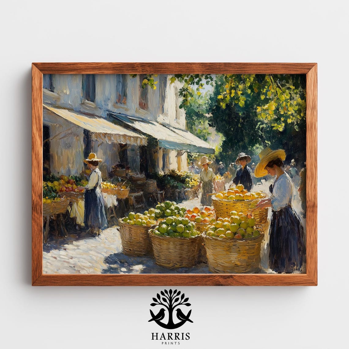 Rustic Market Day Women Fruit Baskets Cobblestone Vintage Print