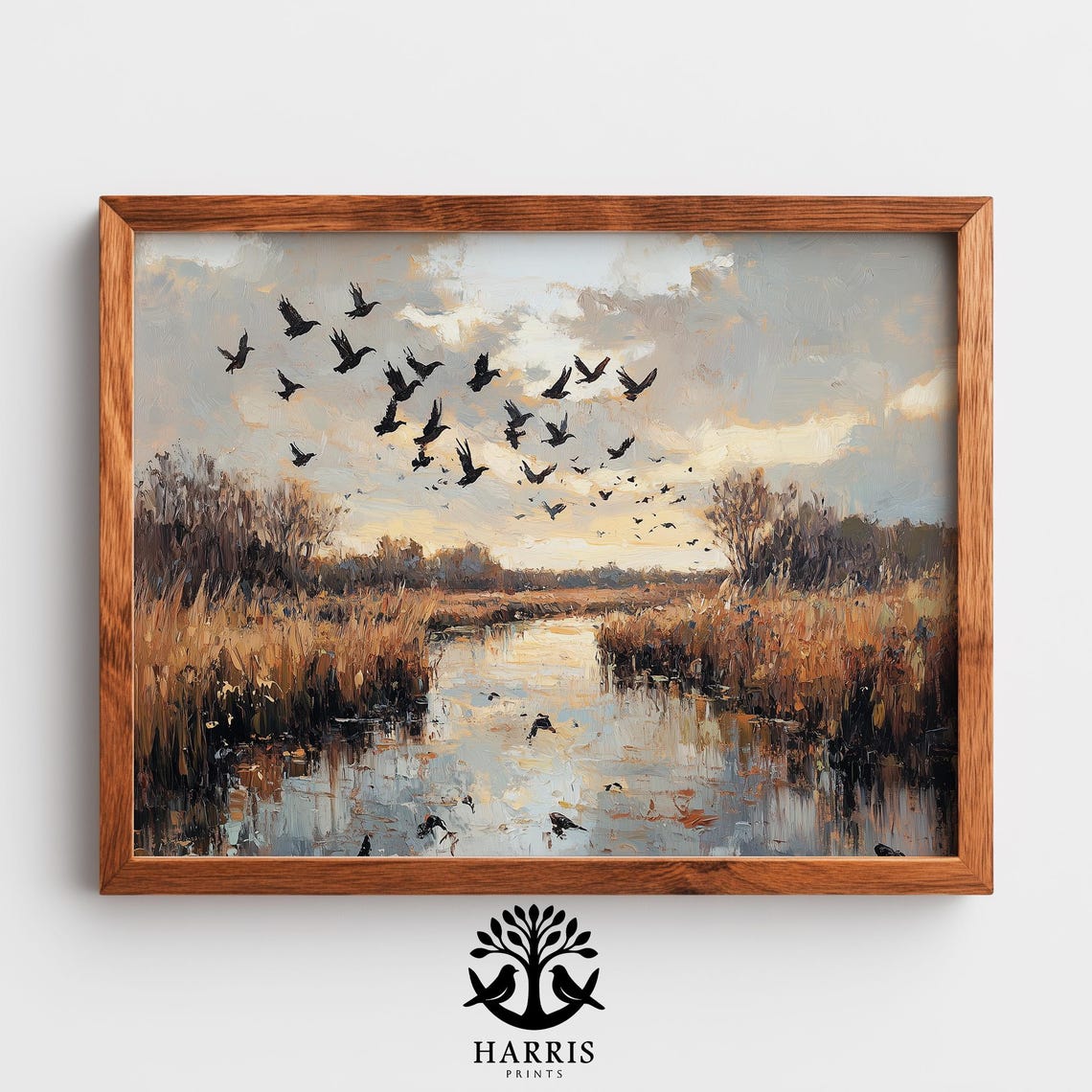 Autumn Wetland Flock Of Birds At Dusk Moody Marsh Landscape Wall Art