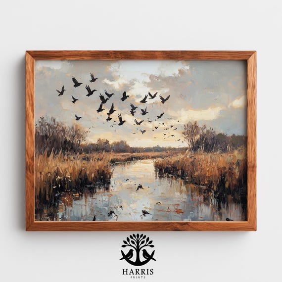 Moody Autumn Wetland Landscape Rustic Nature Wall Painting Earthy Cattails And Flying Birds Vintage Art 399