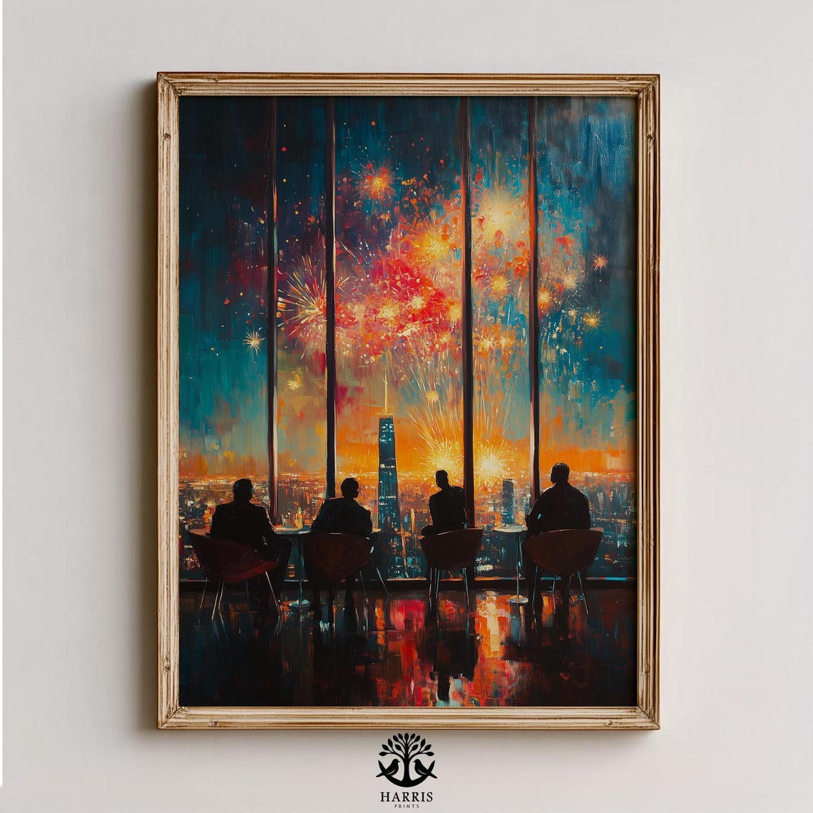 Highrise Fireworks Nightscape City Silhouette Moody Painting Print