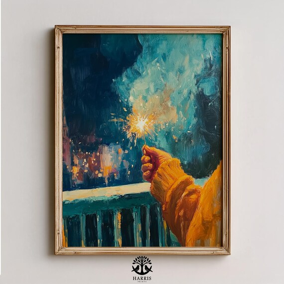 Hand Holding Sparkler Night City Celebration Painting Poster