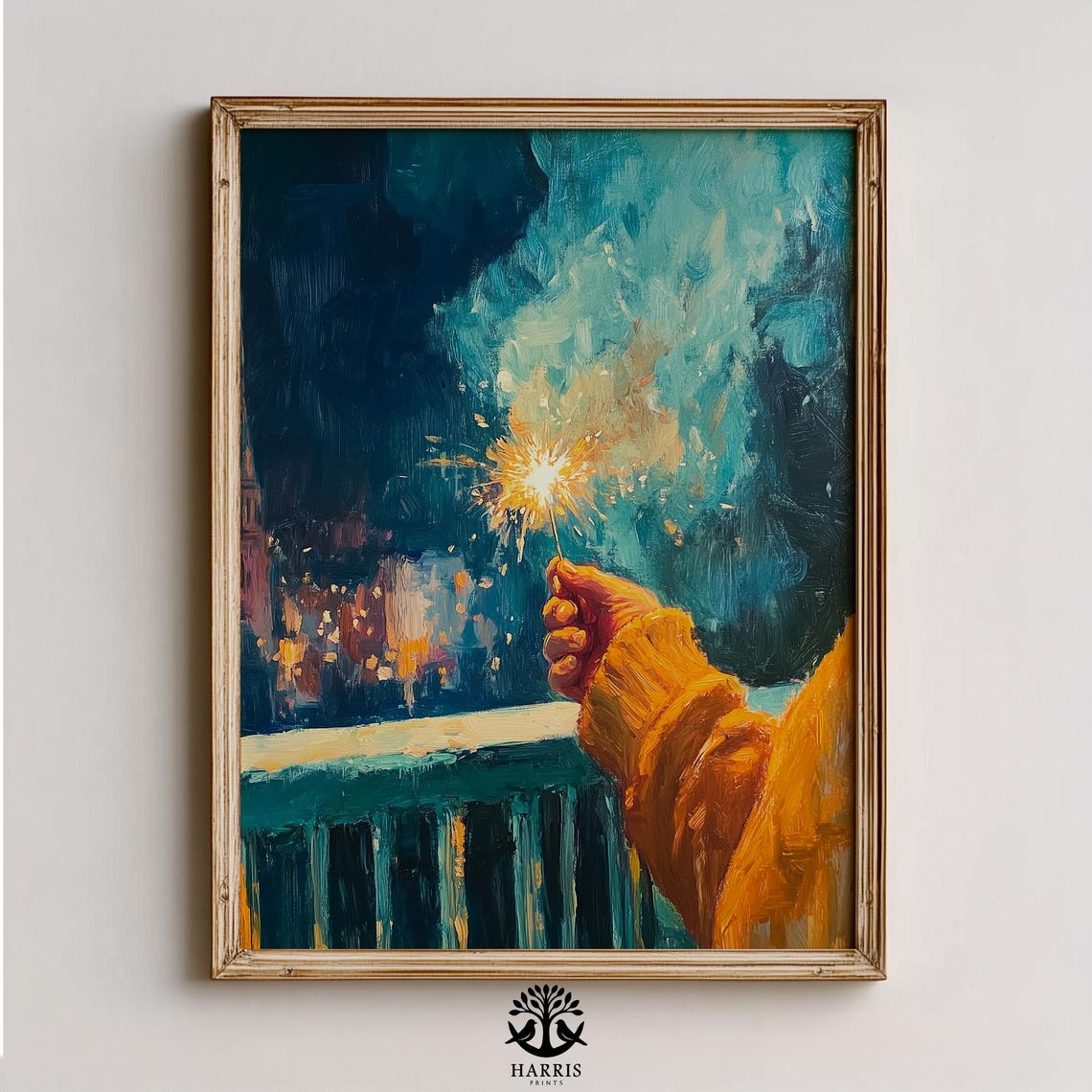 Hand Holding Sparkler Night City Celebration Painting Poster