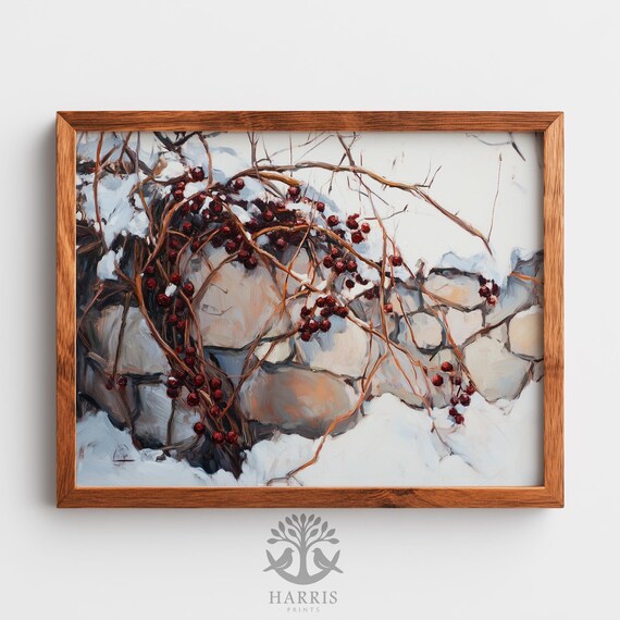 Rustic Winter Vines Wall Art Moody Botanical Painting Vintage Berries Wreath Farmhouse Decor Artwork 554