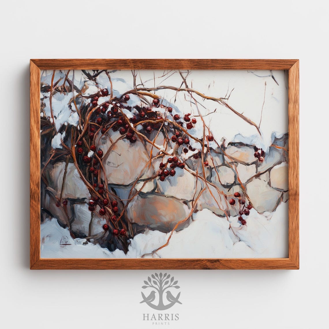 Bright Red Winter Berries On Snowy Stone Wall Oil Painting Poster