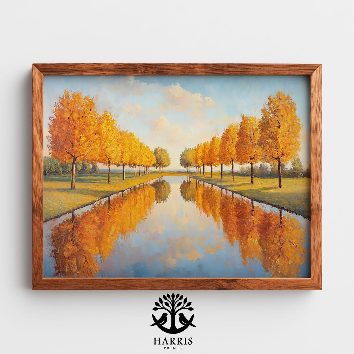 Autumn Orchard Landscape Cozy Rustic Fall Art Serene Lakeside Reflection Farmhouse Decor Nature Painting 329