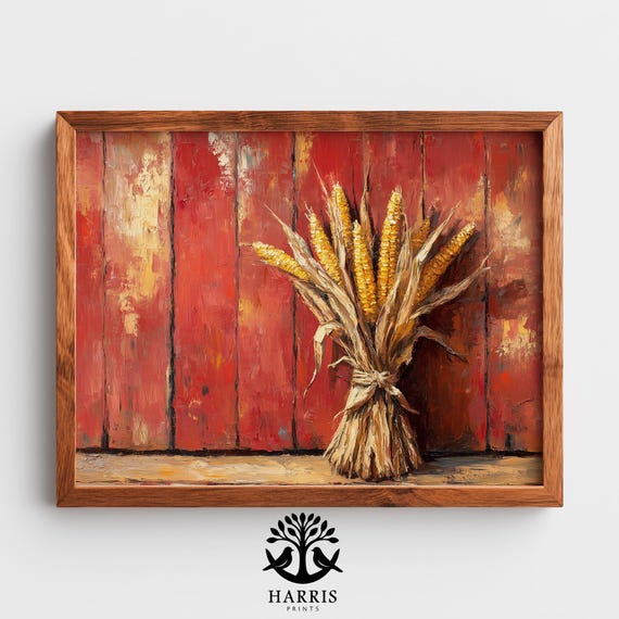 Rustic Farmhouse Harvest Sheaf Art Vintage Oil Painting Of Dried Corn Stalks Cozy Autumn Decor Seasonal Wall 425